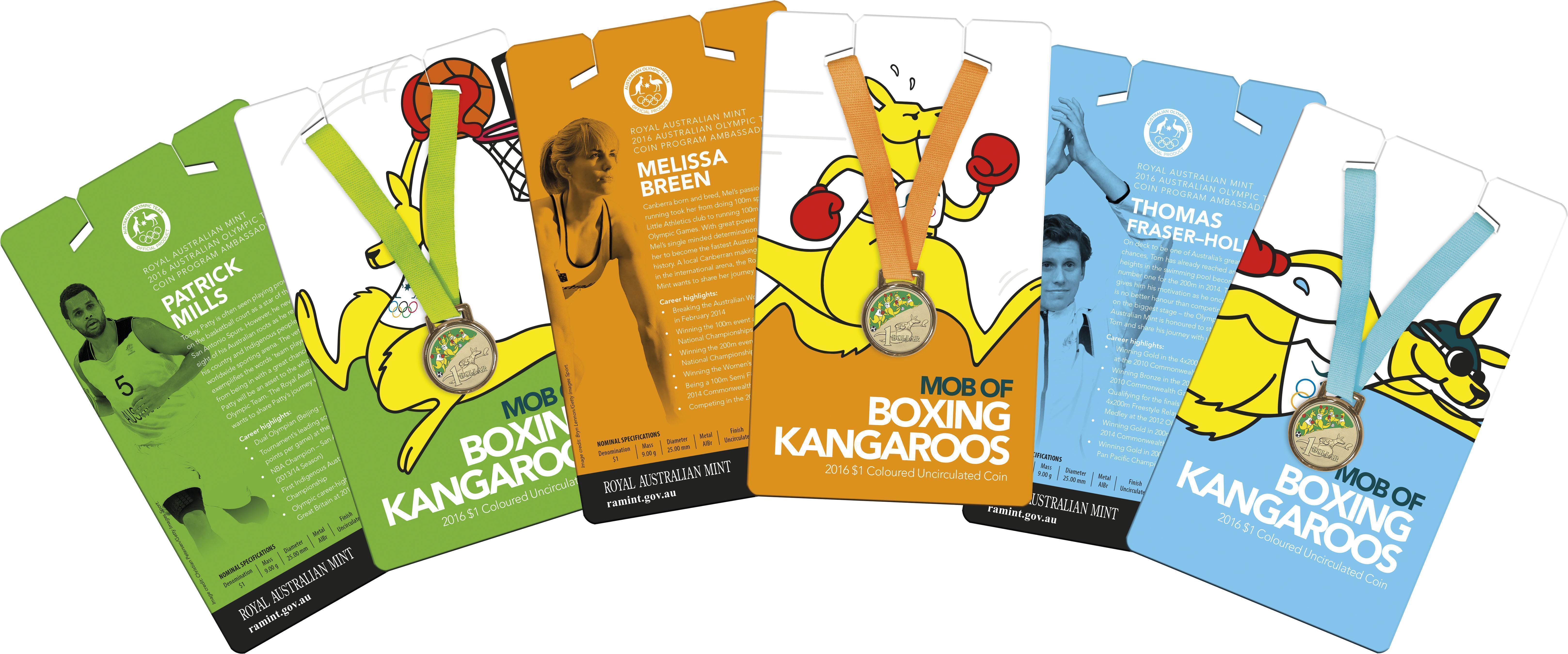 SET OF 3 - 2016 $1 Boxing Kangaroo Rio Olympic Games 2016 Uncirculated Colour Printed Coin - BASKETBALL, ATHLETICS & SWIMMING