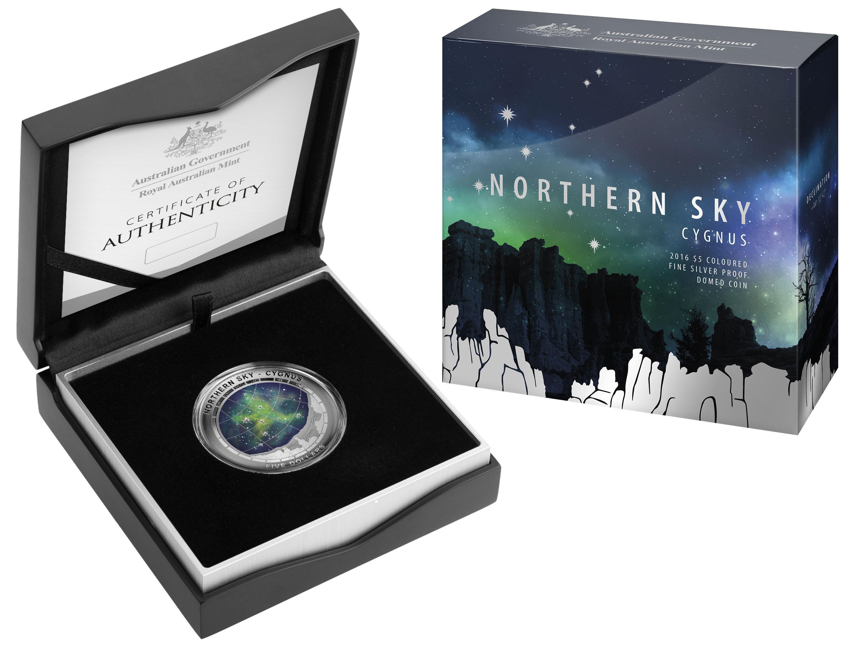 2016 $5 Northern Skies CYGNUS Colour Printed Silver Proof Domed Coin Royal Australian Mint RAM