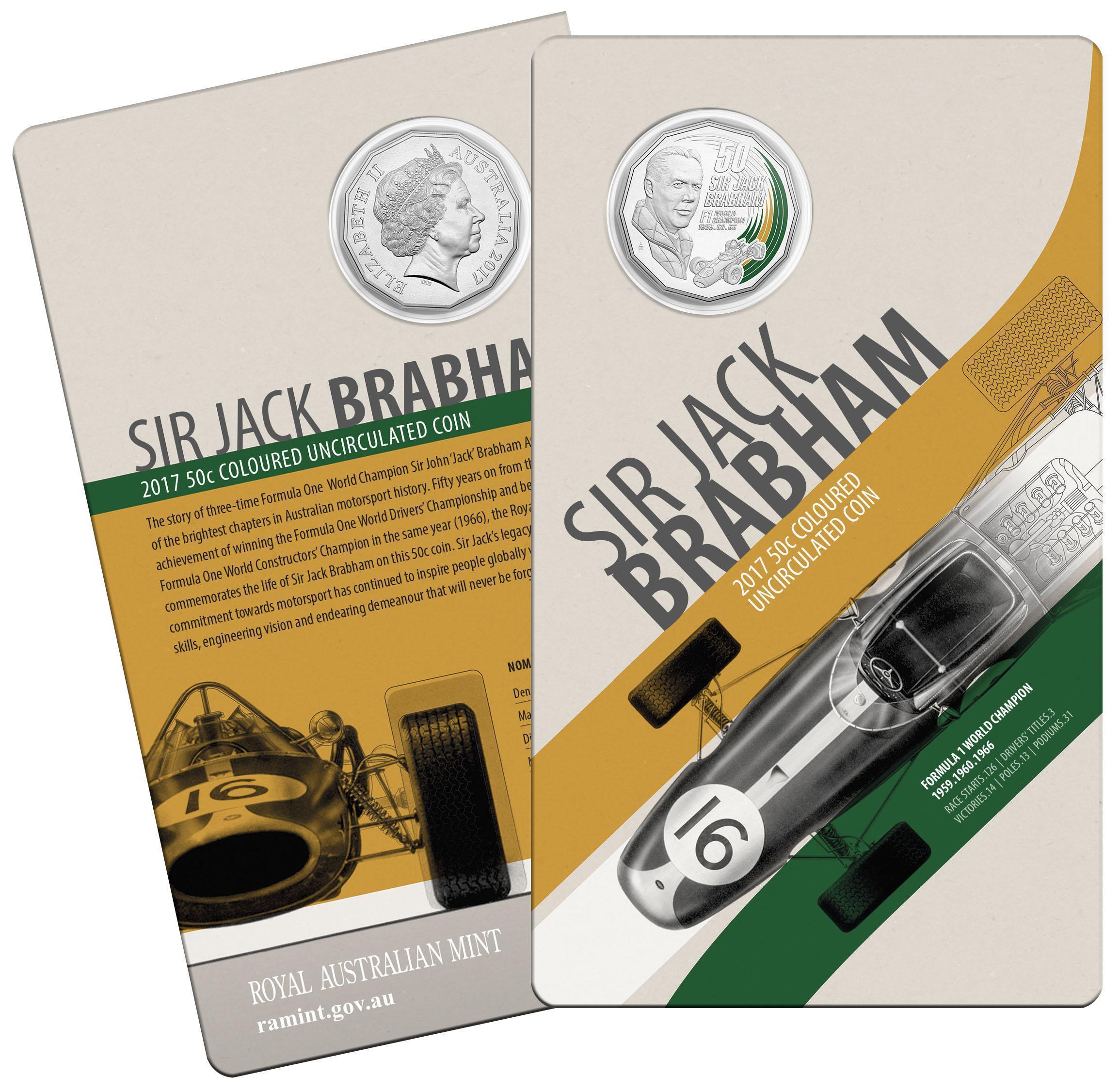 2017 Sir Jack Brabham 50c Coloured Uncirculated Coin