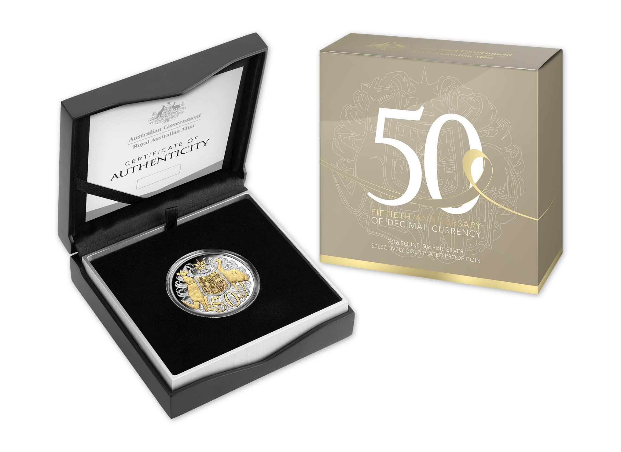 2016 50th Anniversary Of Decimal Currency Round 50c Fine Silver Selectively Gold Plated Coin Royal Australian Mint RAM