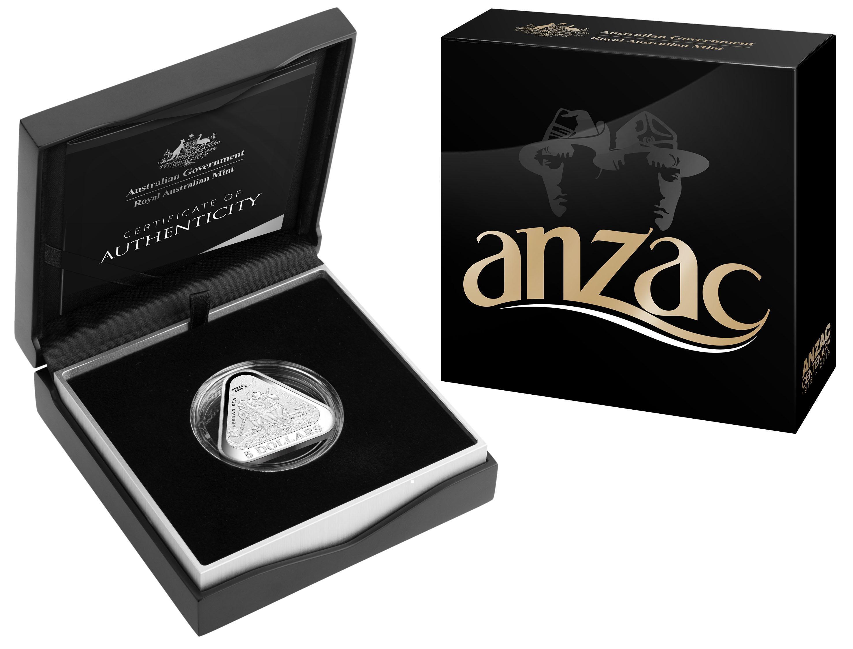 2015 ANZAC Day Centenary Triangular $5 Silver Proof Coin Royal Australian Mint New Zealand 100th Anniversary Gallipoli