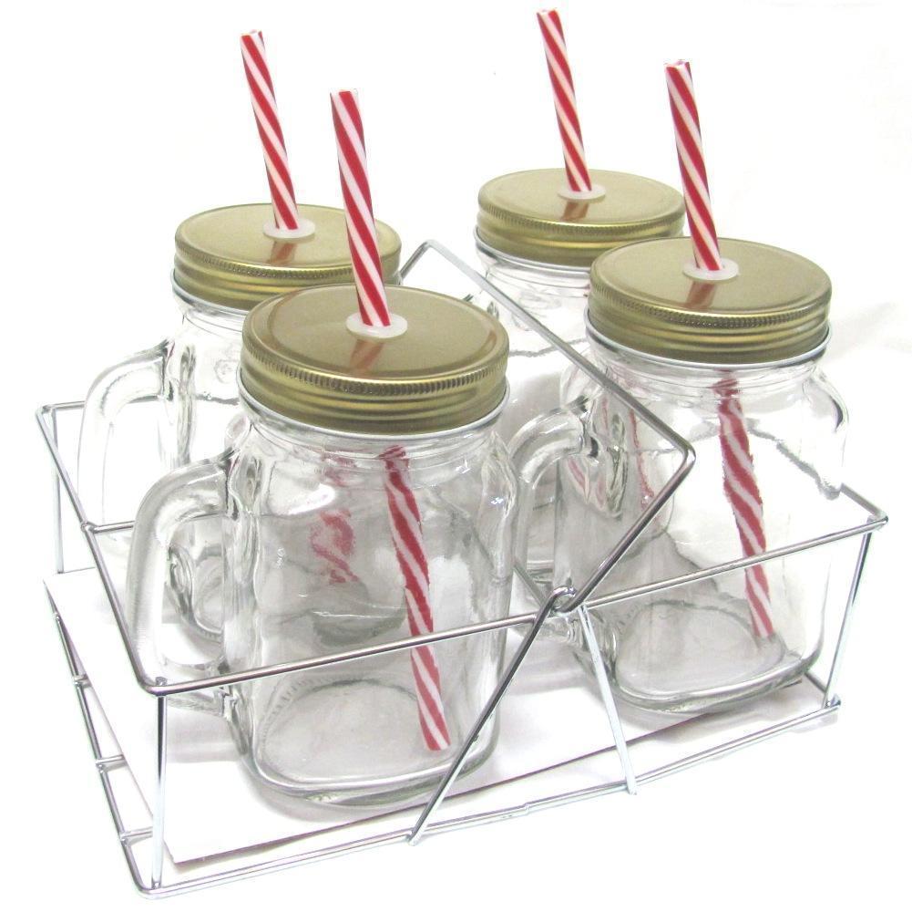 Set of 4 Mason Jars With Lid, Straw & Carry Caddy 
