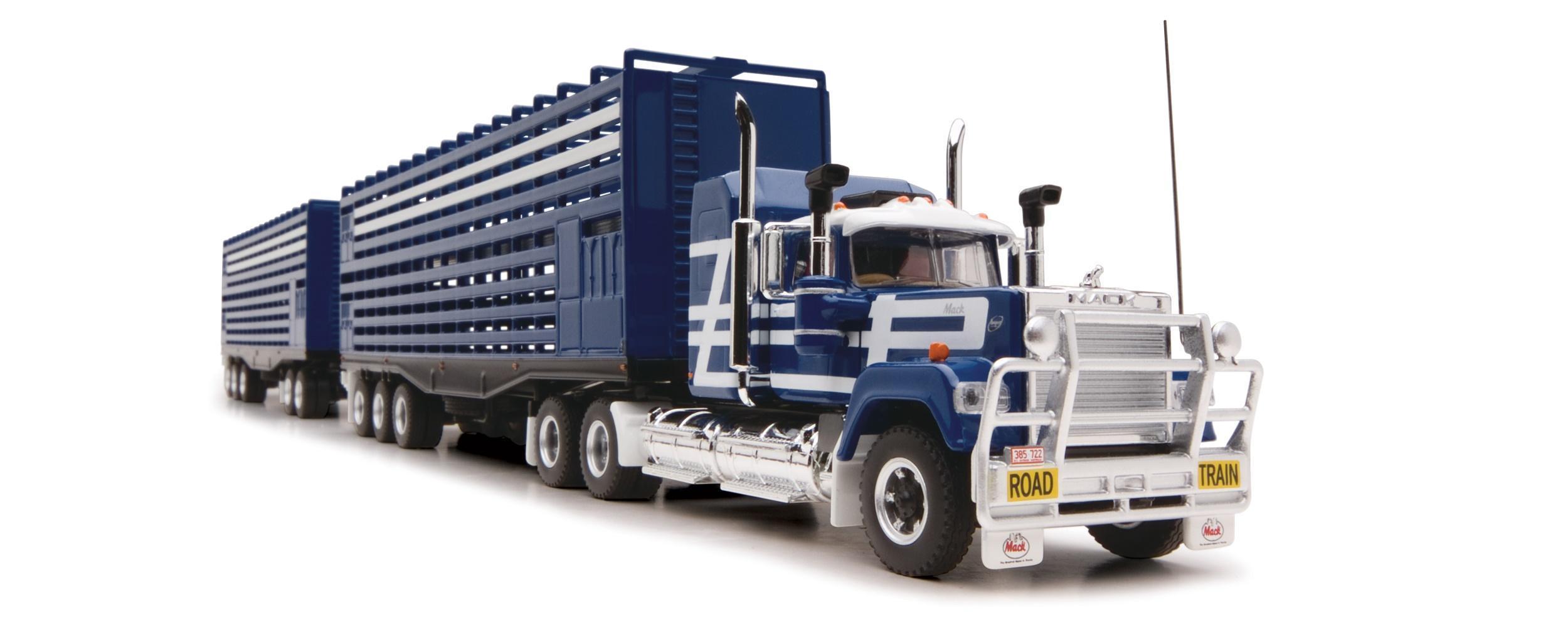 PRE ORDER - Highway Replicas Livestock Mack Road Train Blue & White Die Cast Model Truck With Additional Trailer & Dolly 1:64