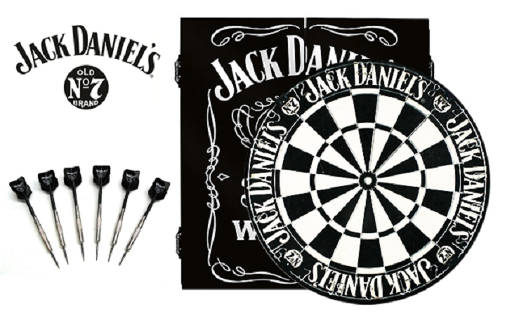 Jack Daniels JD Bourbon Dartboard Dart Board in Timber Cabinet with 6 Darts Gift Set