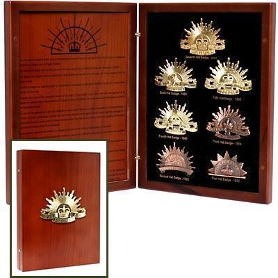 History of the Rising Sun Hat Badge Collection of 7 Badges in Wooden Dispay Box ANZAC Australia In The Great War Military