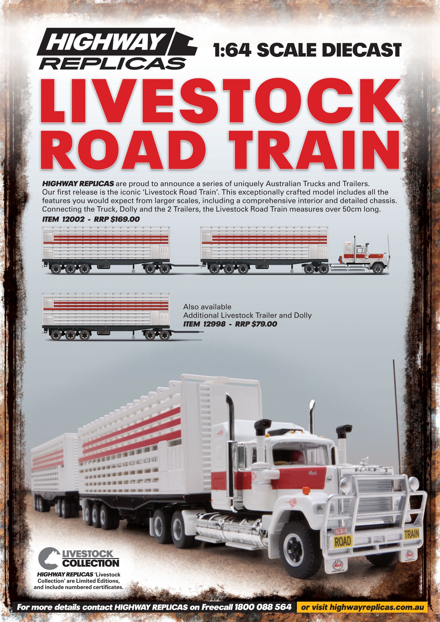 PRE ORDER - Highway Replicas Livestock Road Train Red & White Die Cast Model Truck 1:64 (FULL PRICE - $169.00)