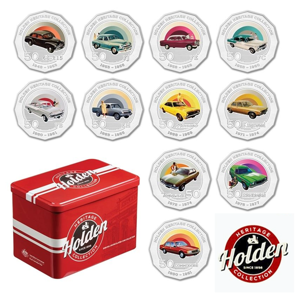 2016 Limited Edition Tin With Set of 11 Holden Heritage Collection Coins Coloured Uncirculated 50c Coin + Free Holden EH Collector 