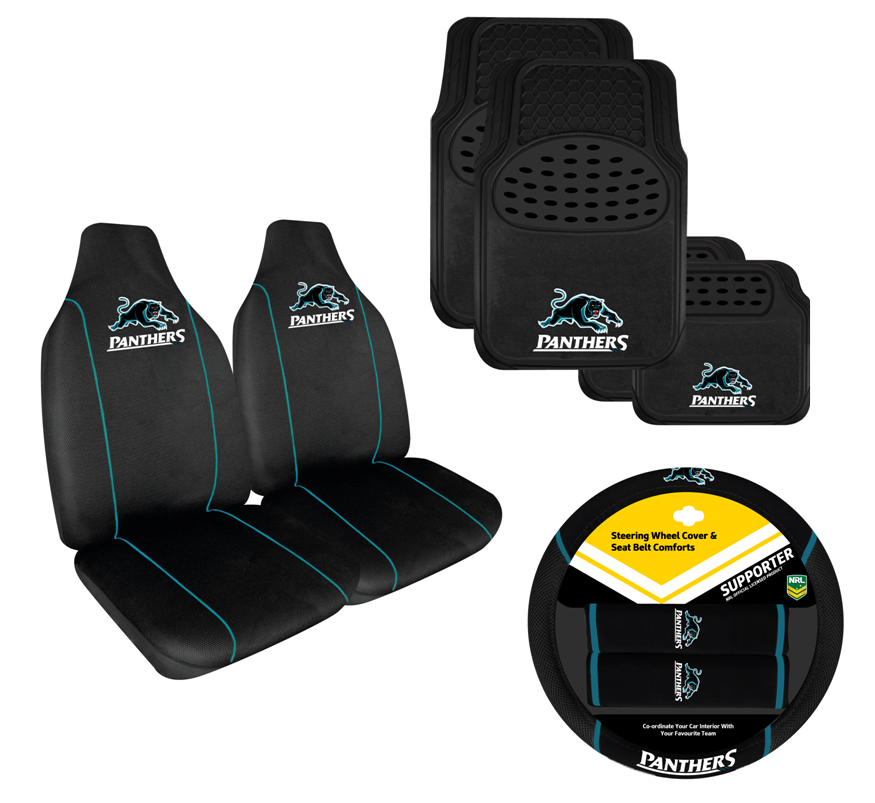 Set of 3 Penrith Panthers Seat Covers + Floor Mats + Steering Wheel Cover