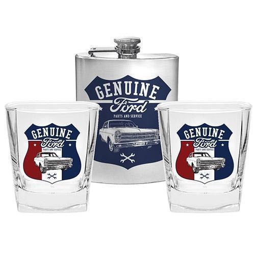 Ford Genuine Parts And Service Set Of 2 Spirit Glasses & Hip Flask Bar Drinking Alcohol
