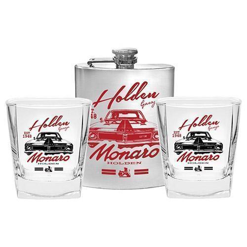 Holden Garage Monaro Set Of 2 Spirit Glasses & Hip Flask Bar Drinking Alcohol