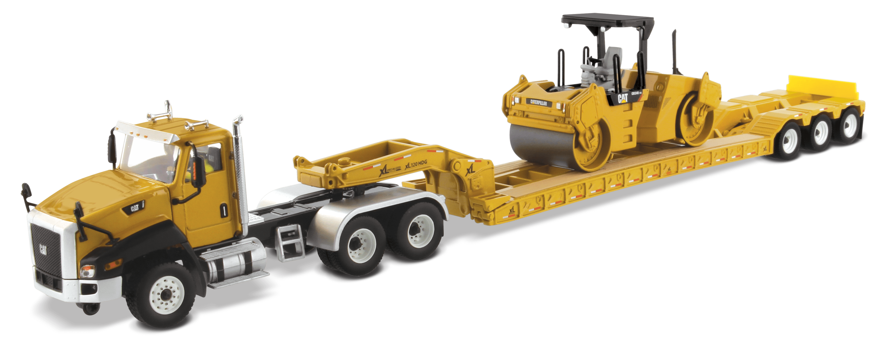 Caterpillar Cat CT660 Day Cab with XL Lowboy Trailer and CB-534D Compactor 1:50 Scale Adult Collectible Diecast Model Replica
