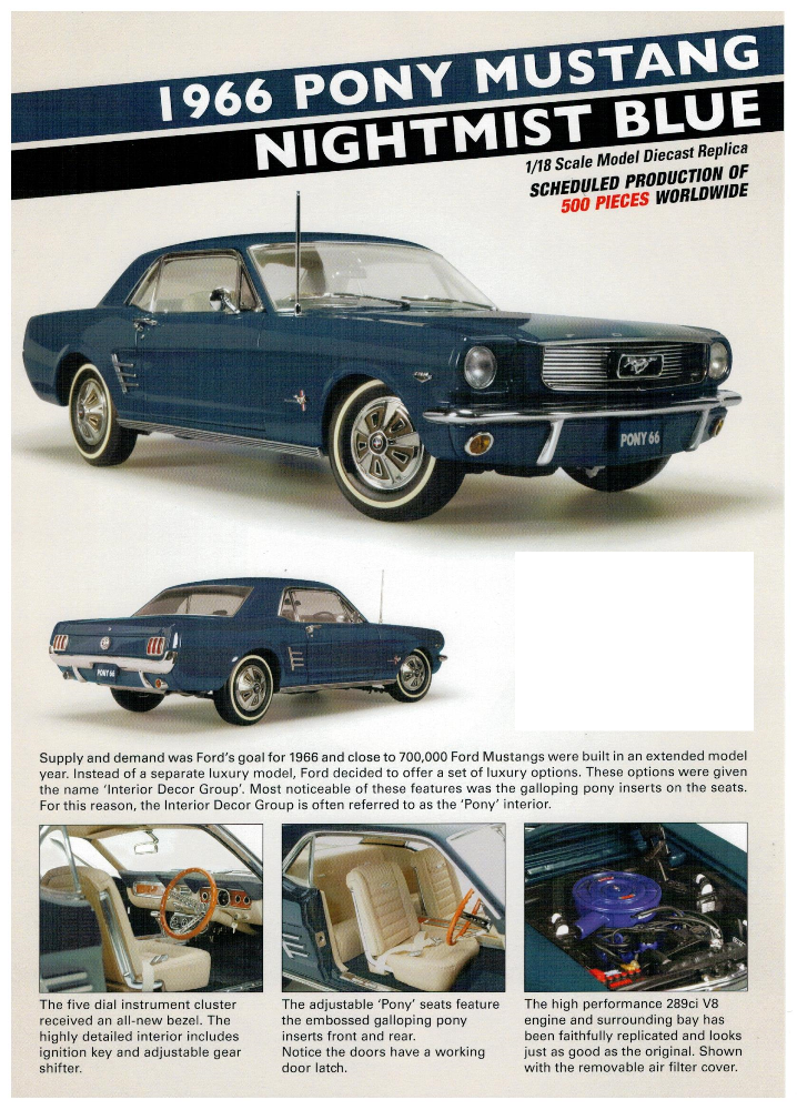 1966 Ford Mustang Pony Nightmist Blue RHD  1:18 Scale Model Car