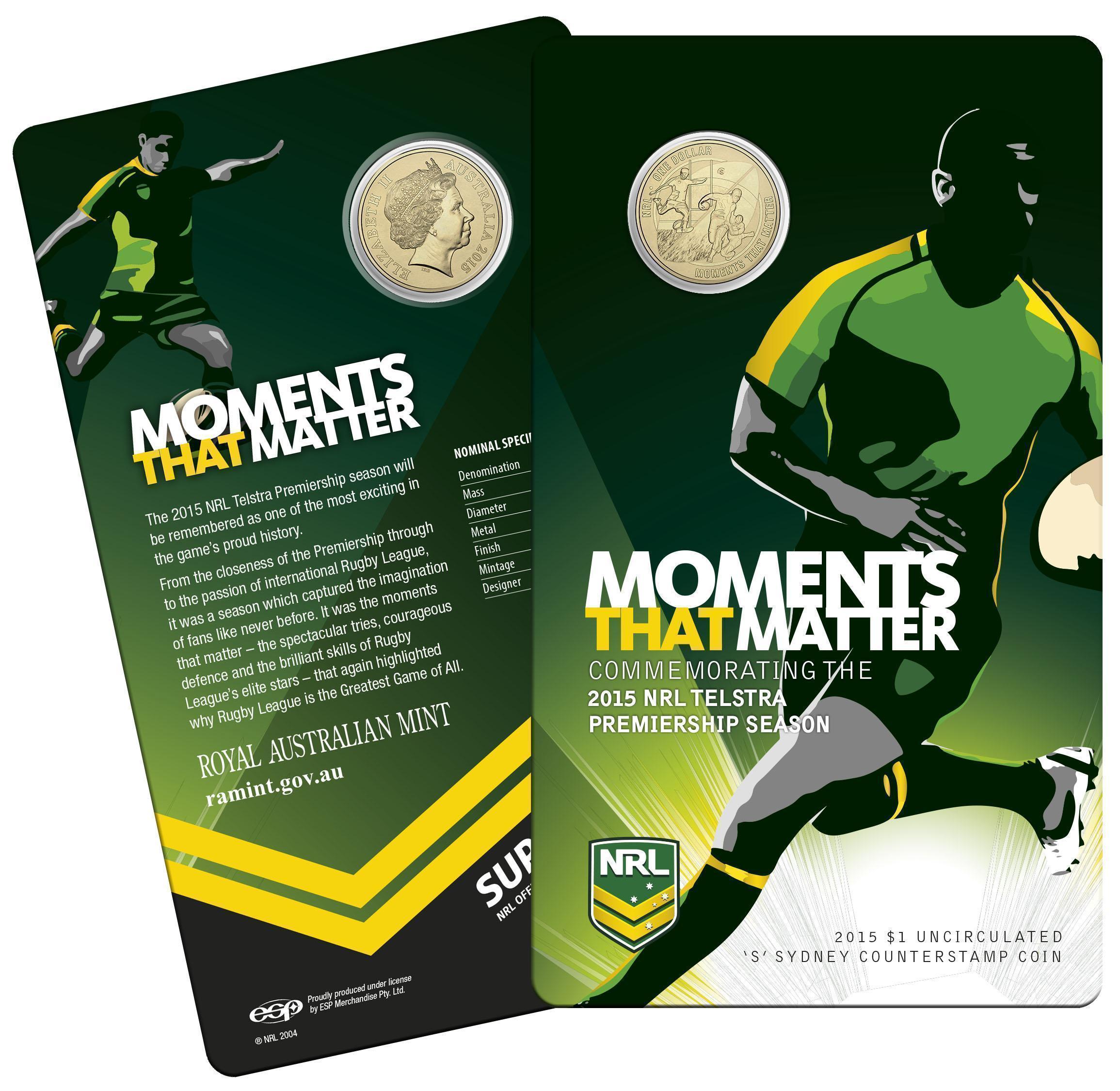 2015 $1 Moments That Matter NRL Premiership Uncirculated  `S` Counterstamp Coin