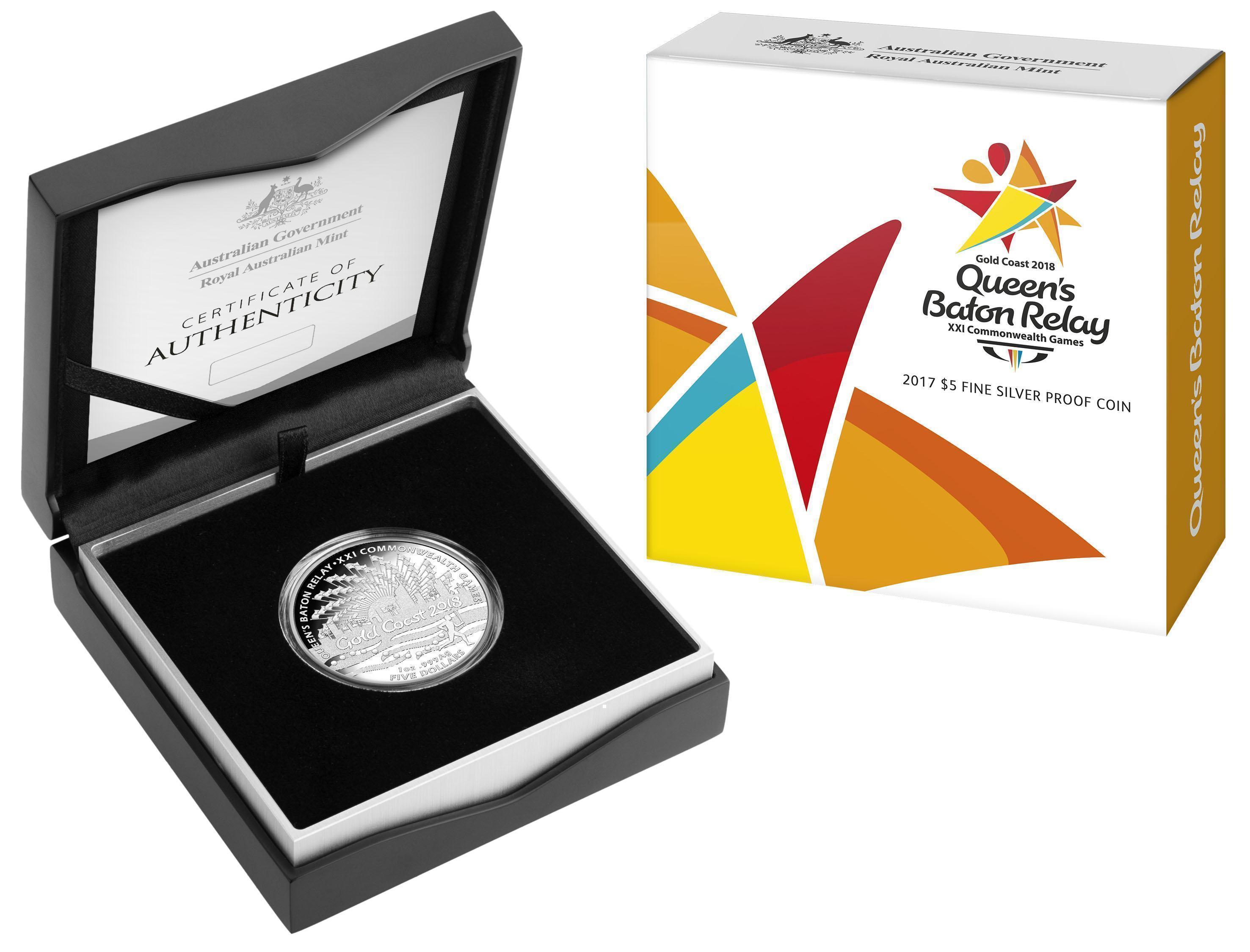 2017 Queen's Baton Relay XXI Commonwealth Games Gold Coast 2018 $5 Fine Silver Proof Coin Royal Australian Mint RAM