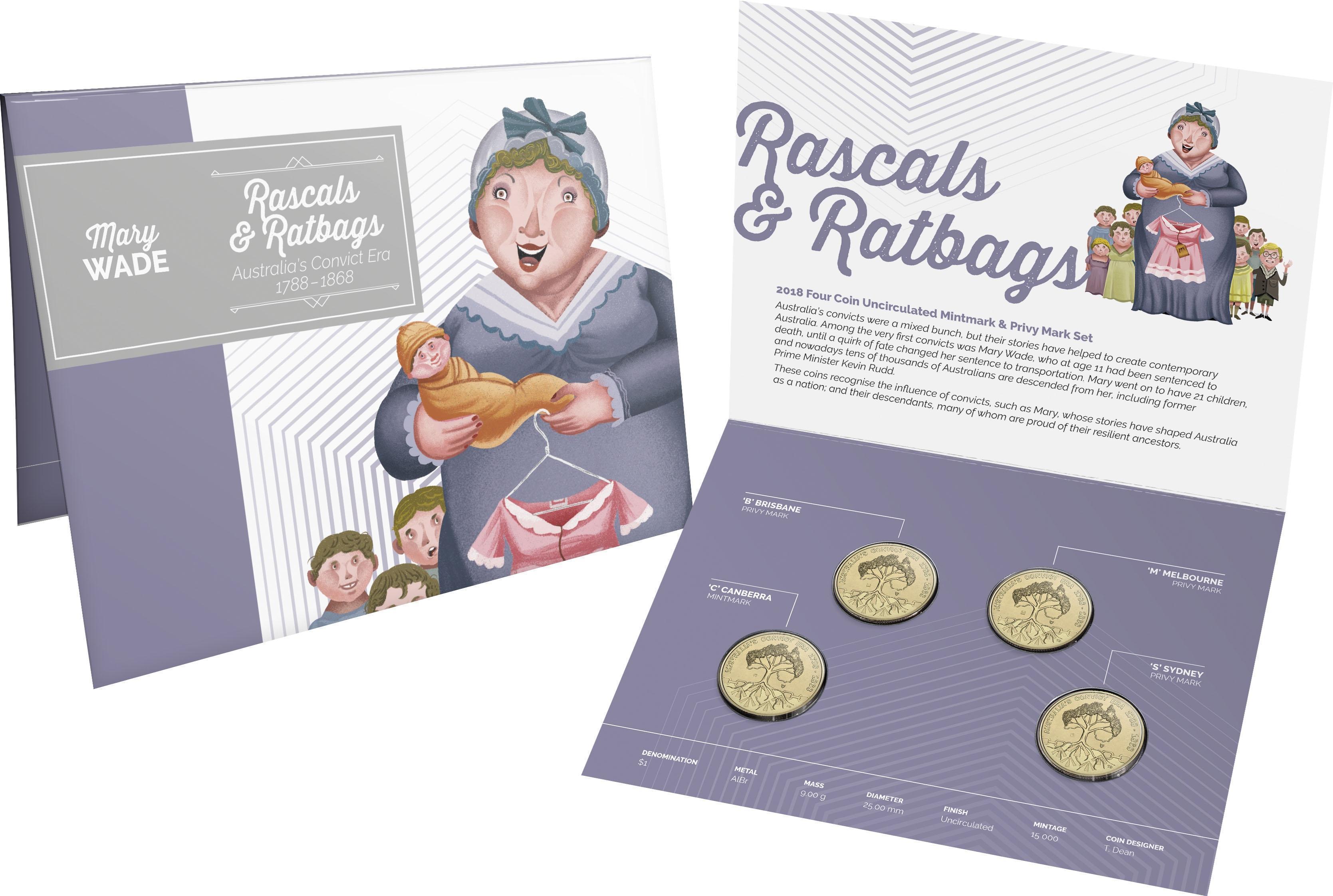 2018 Set Of 4 Rascals & Ratbags $1 AlBr Mintmark Coins 