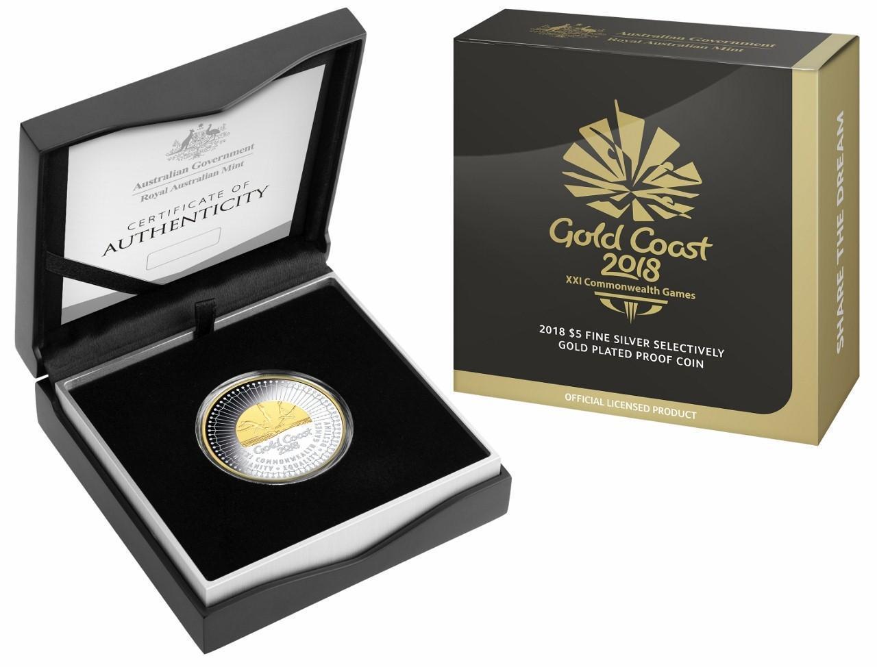 2018 XXI Commonwealth Games – $5 Fine Silver Selectively Gold Plated Proof Coin Royal Australian Mint RAM 