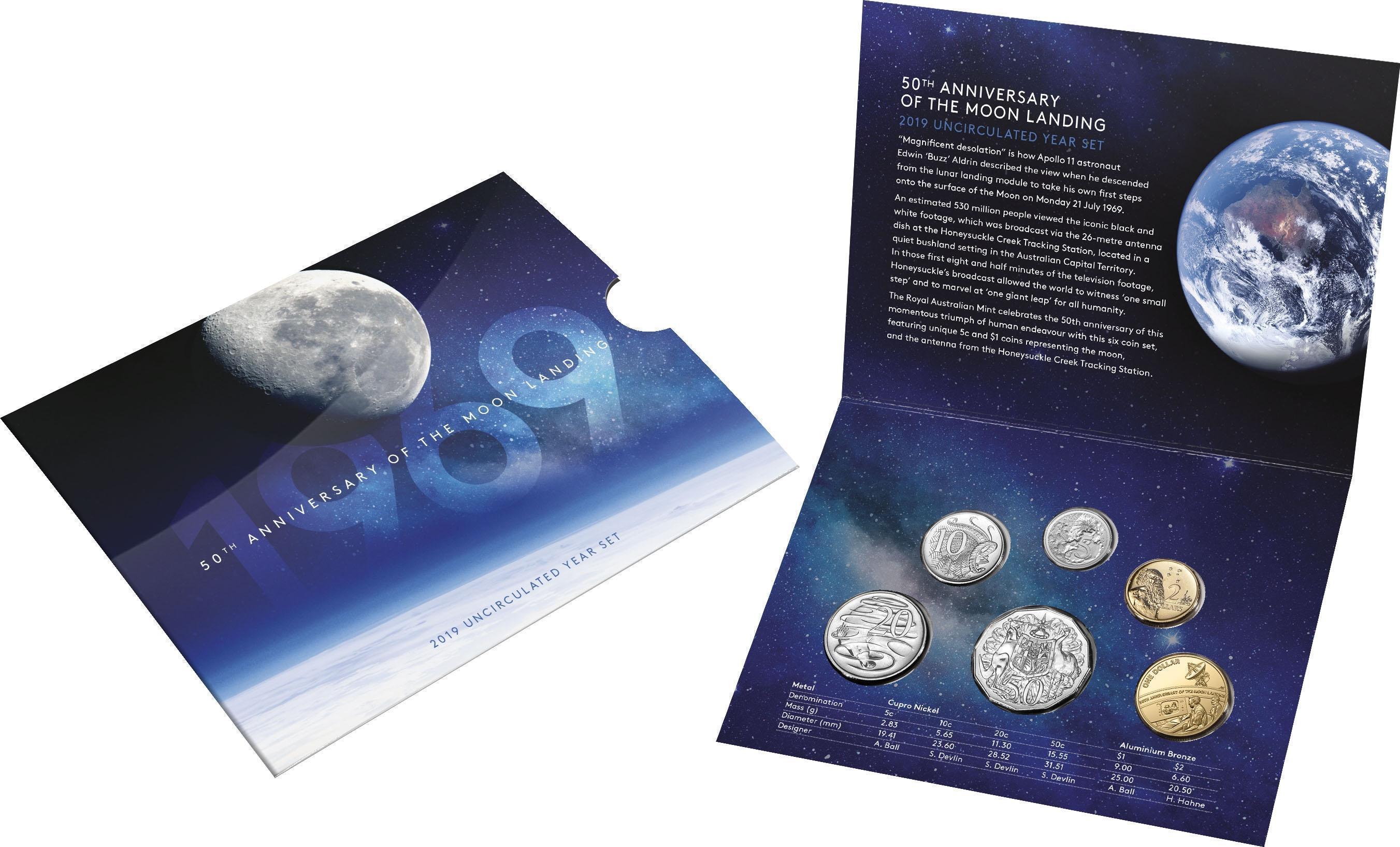 2019 50th Anniversary Of The Moon Landing Six Coin Uncirculated Set Royal Australian Mint RAM