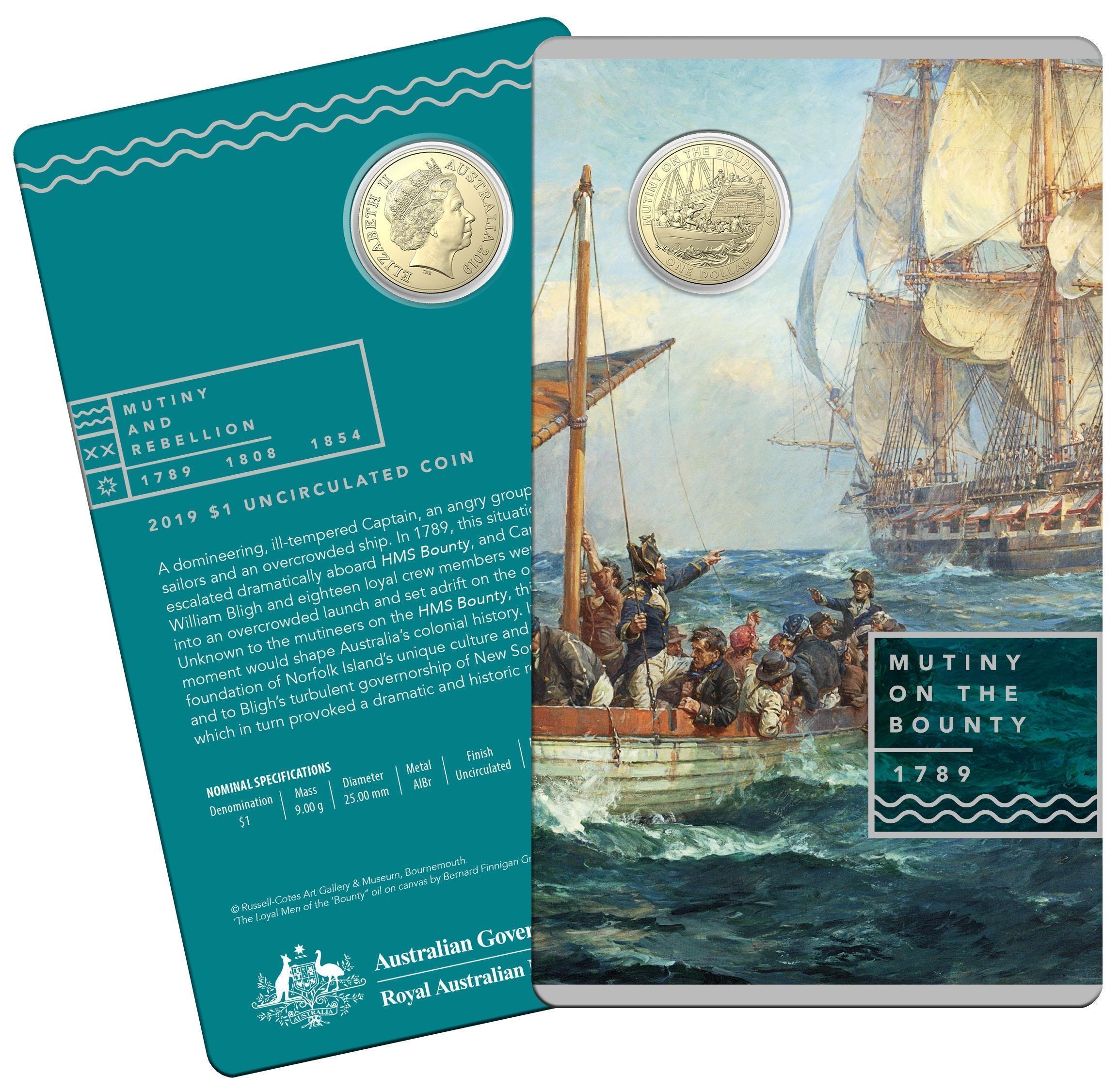 2019 $1 Mutiny On The Bounty -  Mutiny and Rebellion Uncirculated Coin on Card