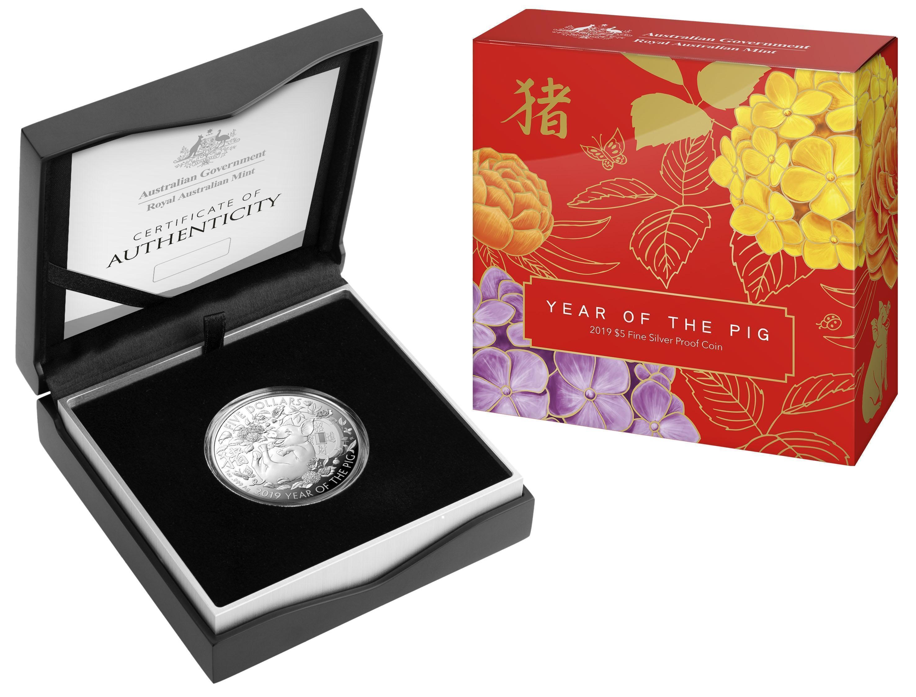 2019 $5 1oz Fine Silver Proof Coin Year of the Pig Lunar Series Coin Royal Australian Mint RAM