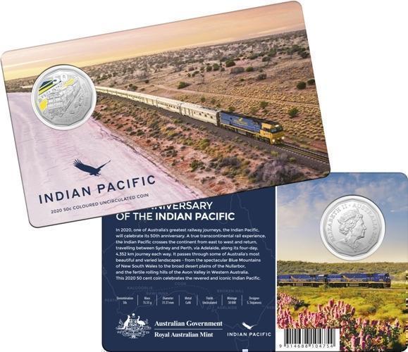 2020 50c 50th Anniversary of the Indian Pacific Coloured Uncirculated Coin On Card Royal Australian Mint RAM *** LIMIT 5 PER CUSTOMER ONLY ***