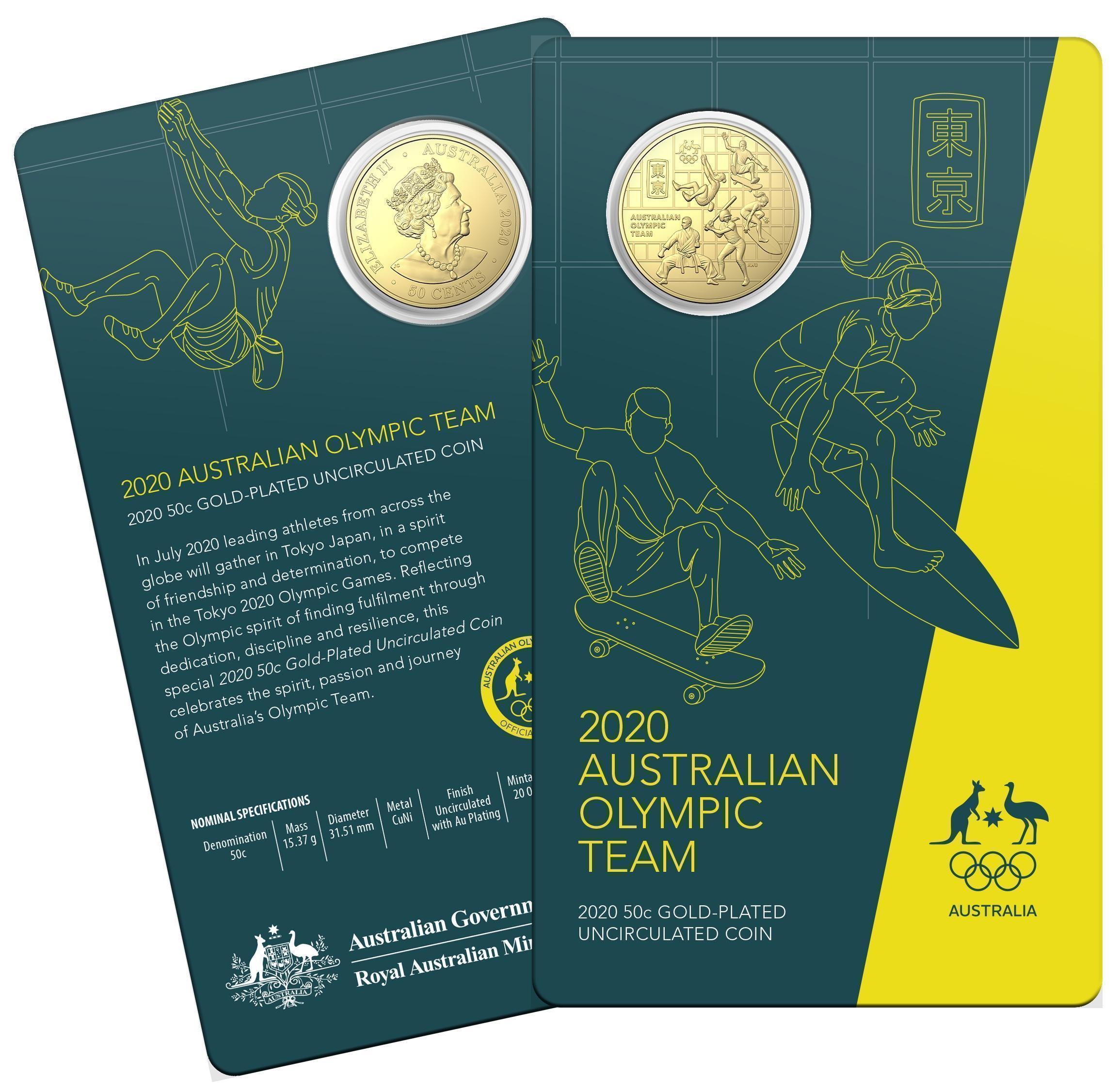 2020 50c Australian Olympic Team Round Gold Plated Uncirculated Coin Royal Australian Mint RAM