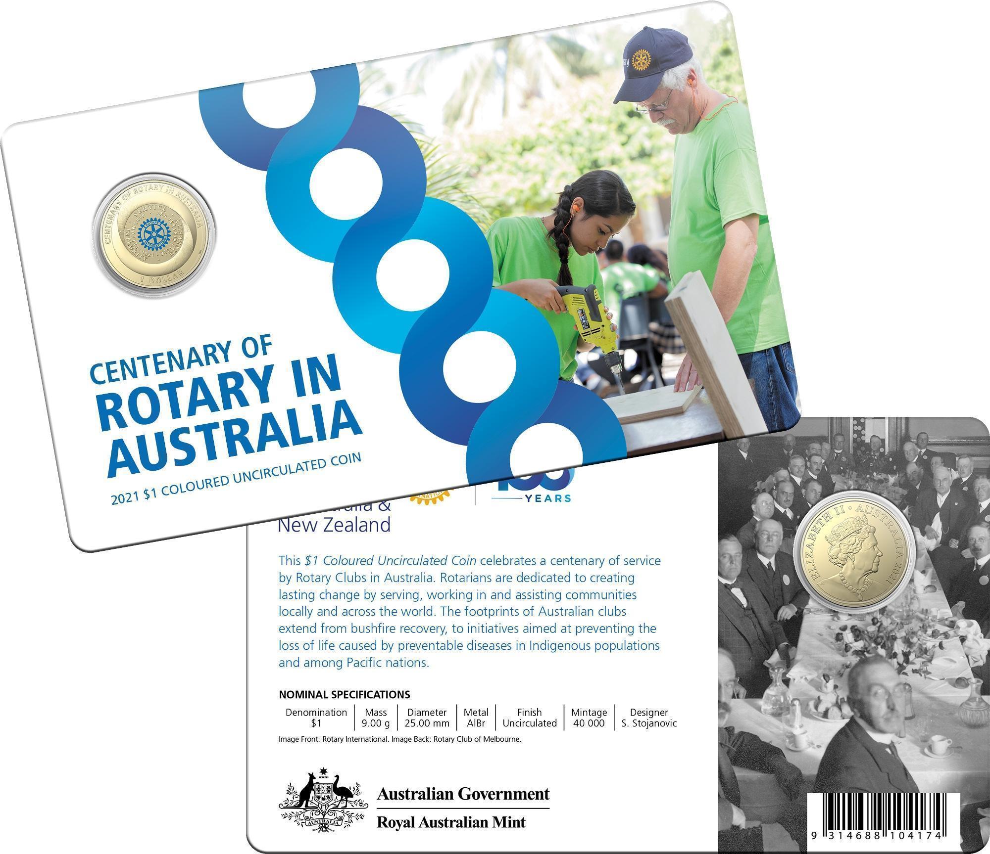 2021 Centenary of Rotary in Australia $1 Coloured Uncirculated Coin on Card RAM **LIMIT 2 PER HOUSEHOLD**
