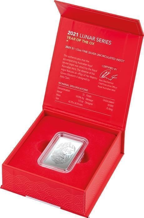 2021 $1 Year Of The Ox 1/2oz Silver Frosted Ingot Royal Australian Mint RAM