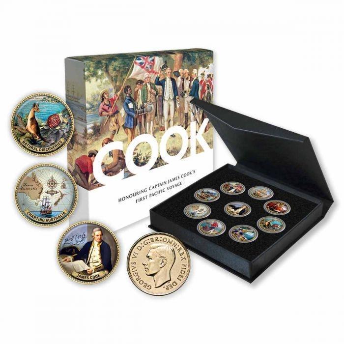 Captain Cook First Pacific Voyage Gold Plated Enamel 9 Coin Penny Collection Comprises Full Colour Australian Pennies 