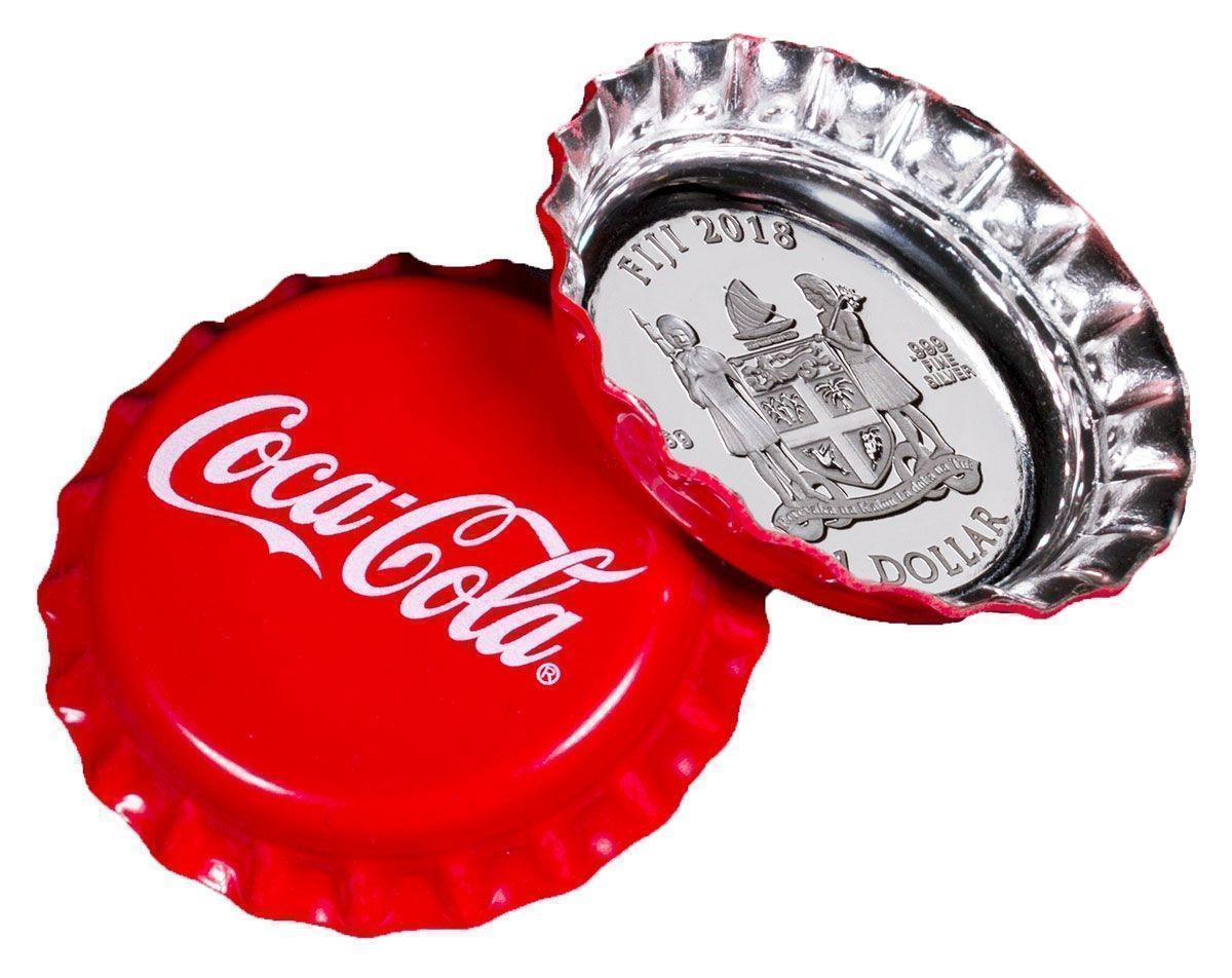 2018 $1 Fiji Coca-Cola Coke Bottle Cap 99.9% Pure Silver Prooflike Coin In Custom Tin