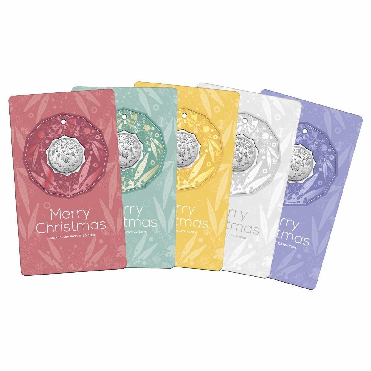 2020 Set of 5 Coloured Cards 50c Uncirculated Christmas Coin Decoration Royal Australian Mint RAM
