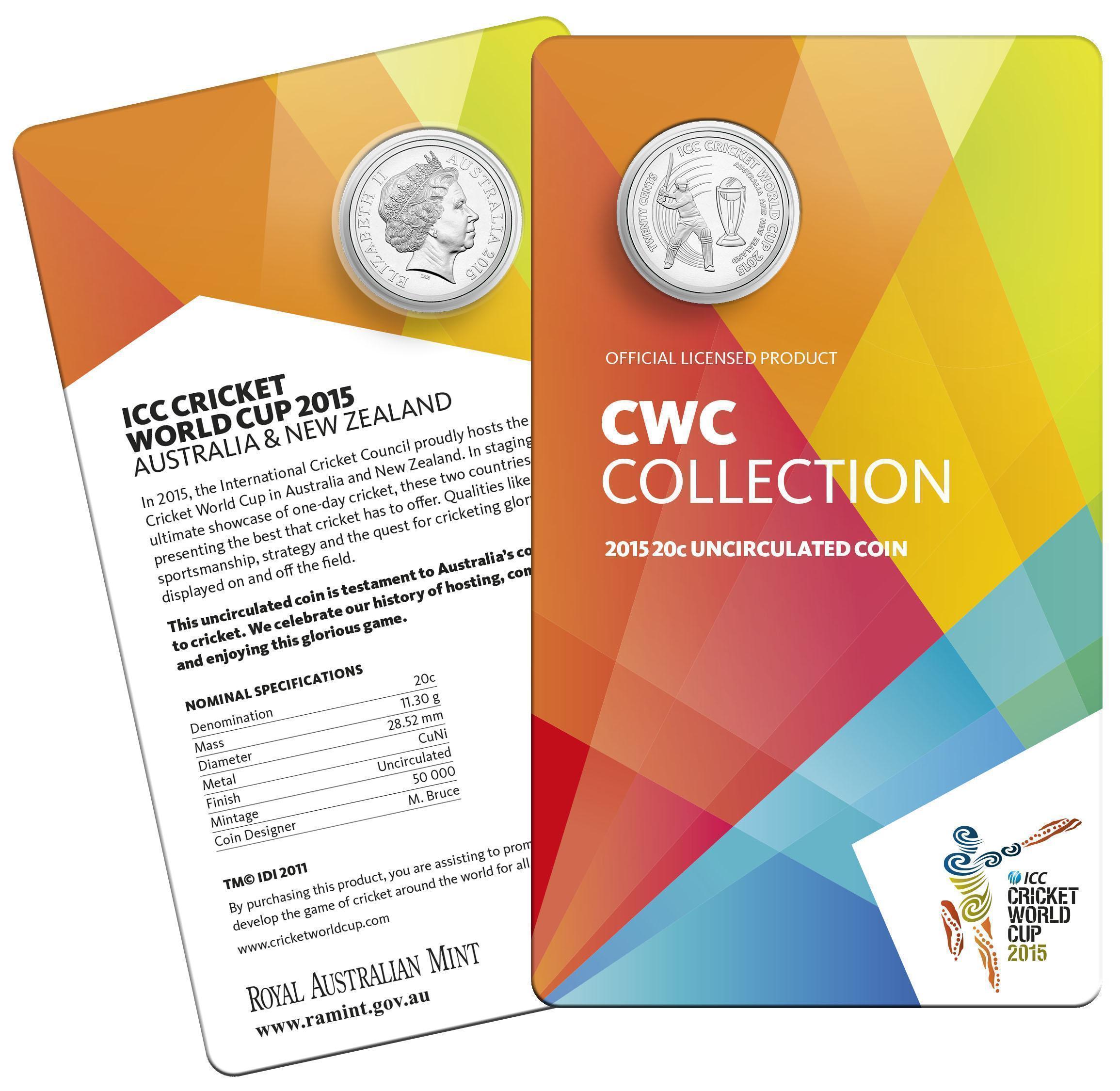 ICC Cricket World Cup 2015 Australia and New Zealand 20c Uncirculated Coin Royal Australian Mint 