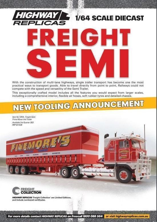 PRE ORDER - Highway Replicas Finemore's Freight Semi Single Trailer Die Cast Model Truck 1:64 Scale (FULL PRICE - $119.00)