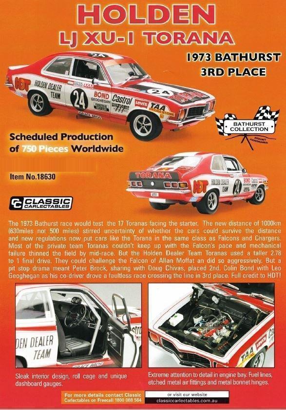 PRE ORDER - 1973 Bathurst 3rd Place Colin Bond & Leo Geoghegan Holden LJ XU-I Torana 1:18 Scale Die Cast Model Car (FULL PRICE - $289.00)