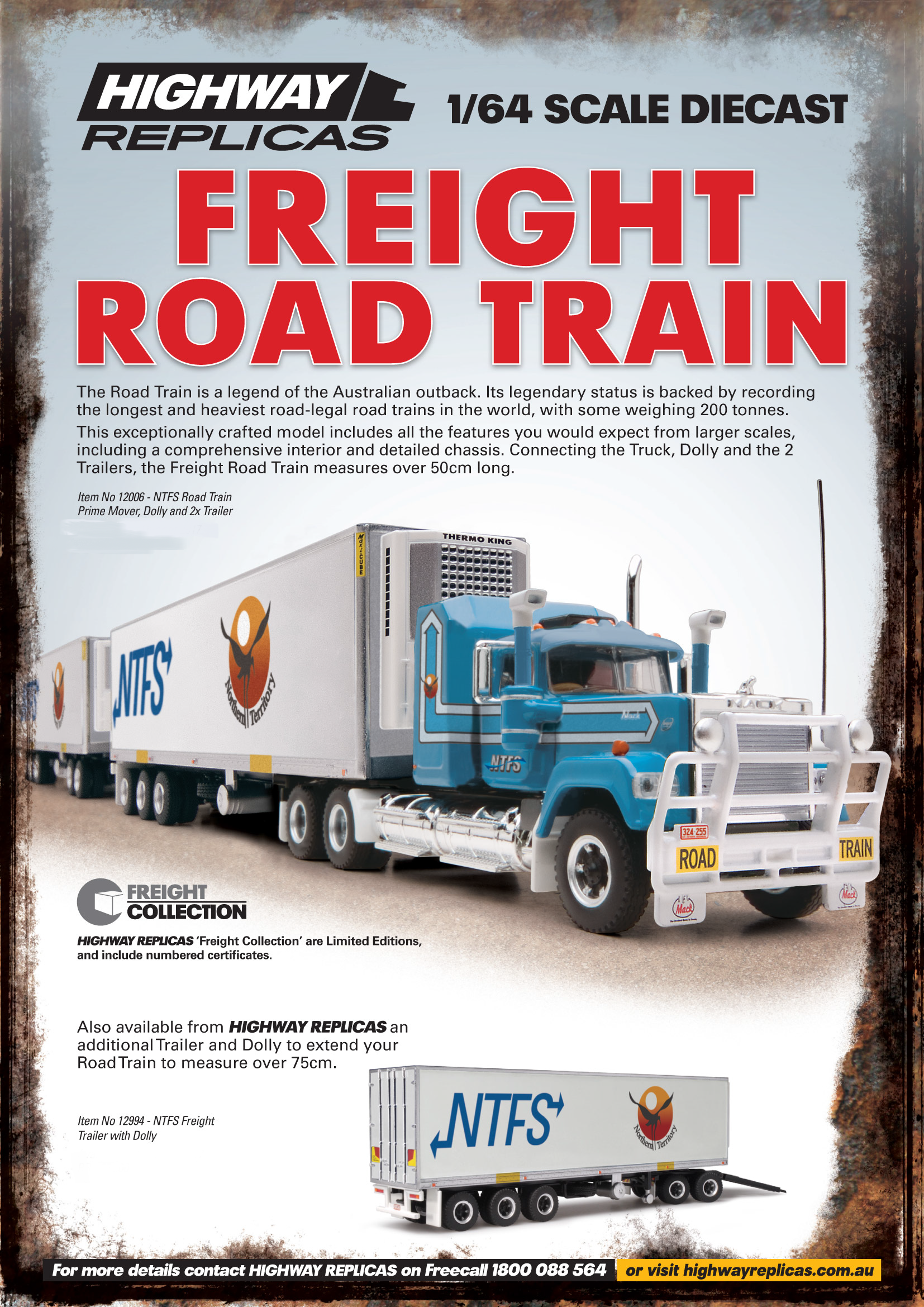 REPLICAS NTFS MACK FREIGHT ROAD TRAIN BLUE WHITE 1:64 TRAILER /& DOLLY TRUCK