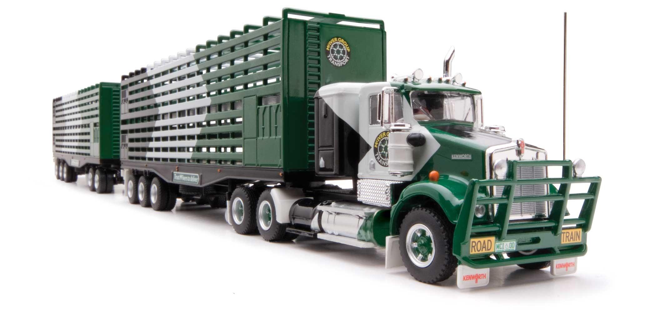 Highway Replicas Livestock Road Train Green With McIver Group Transport Kenworth Die Cast Model Truck With Additional Trailer & Dolly 1:64