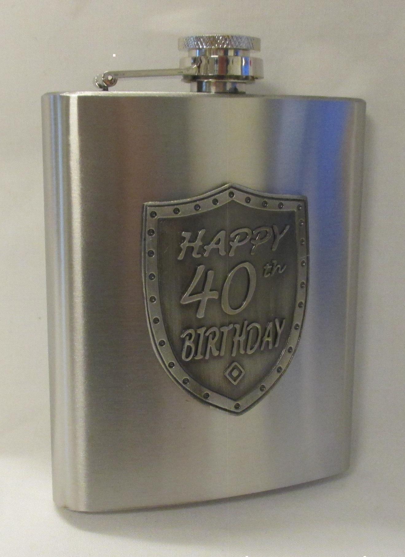 40th Birthday Silver 150ml Hip Flask With Badge In Gift Box