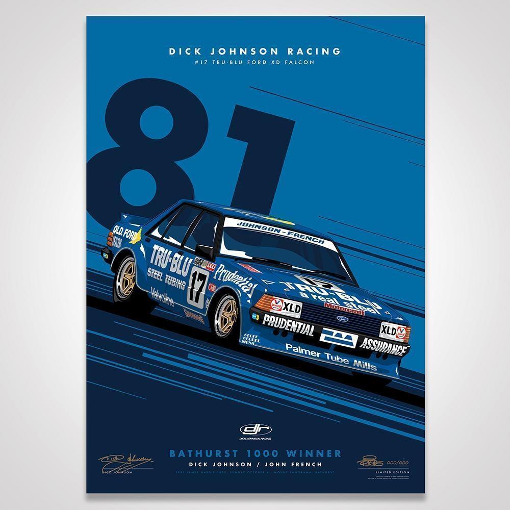 Dick Johnson Racing Tru-Blu Ford Falcon XD 1981 Bathurst 1000 Winner - Blue Limited Edition Signed Print Rolled Poster