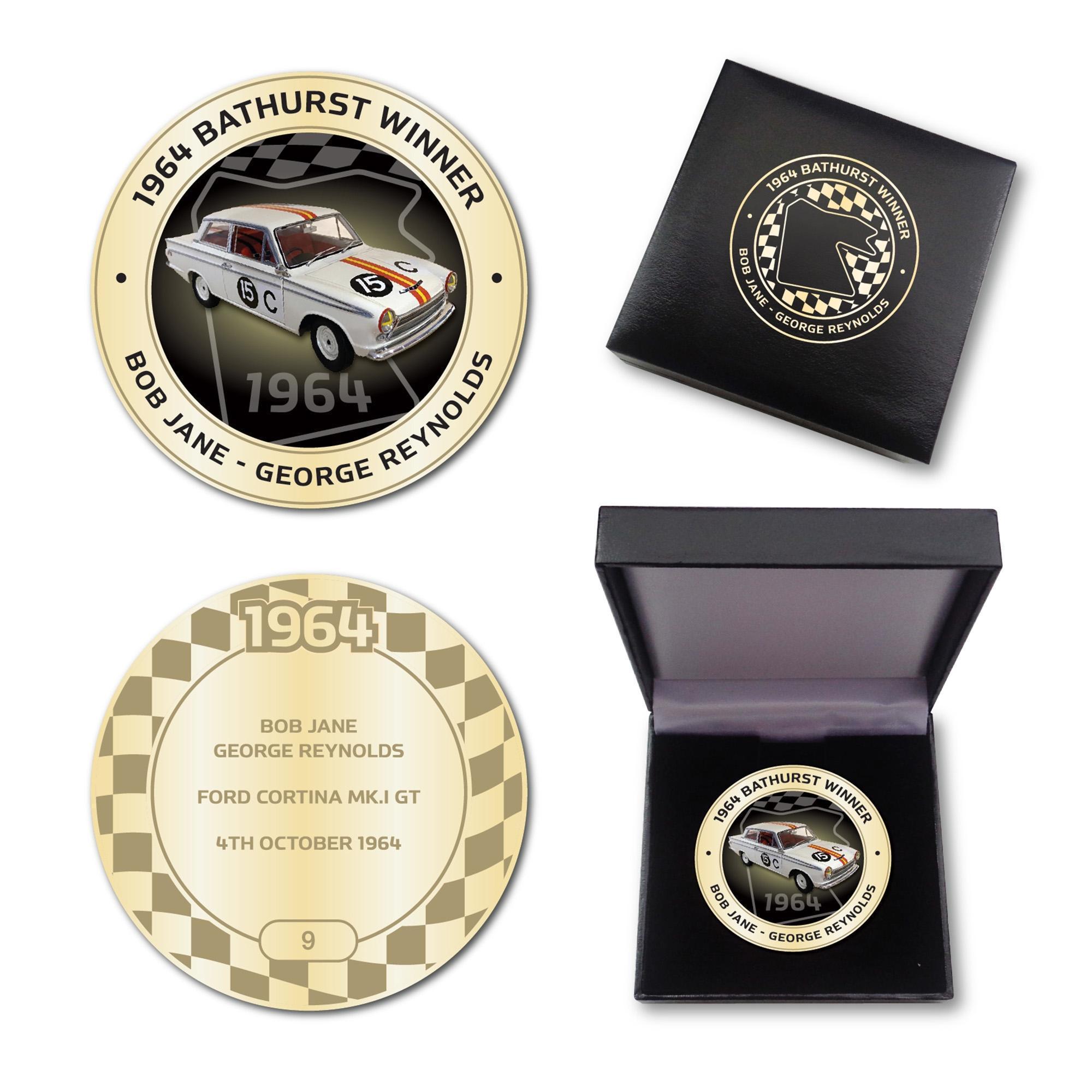 1964 Bathurst Winner Antique Gold Coloured Medallion In Box - Bob Jane George Reynolds Ford Cortina Mk I GT