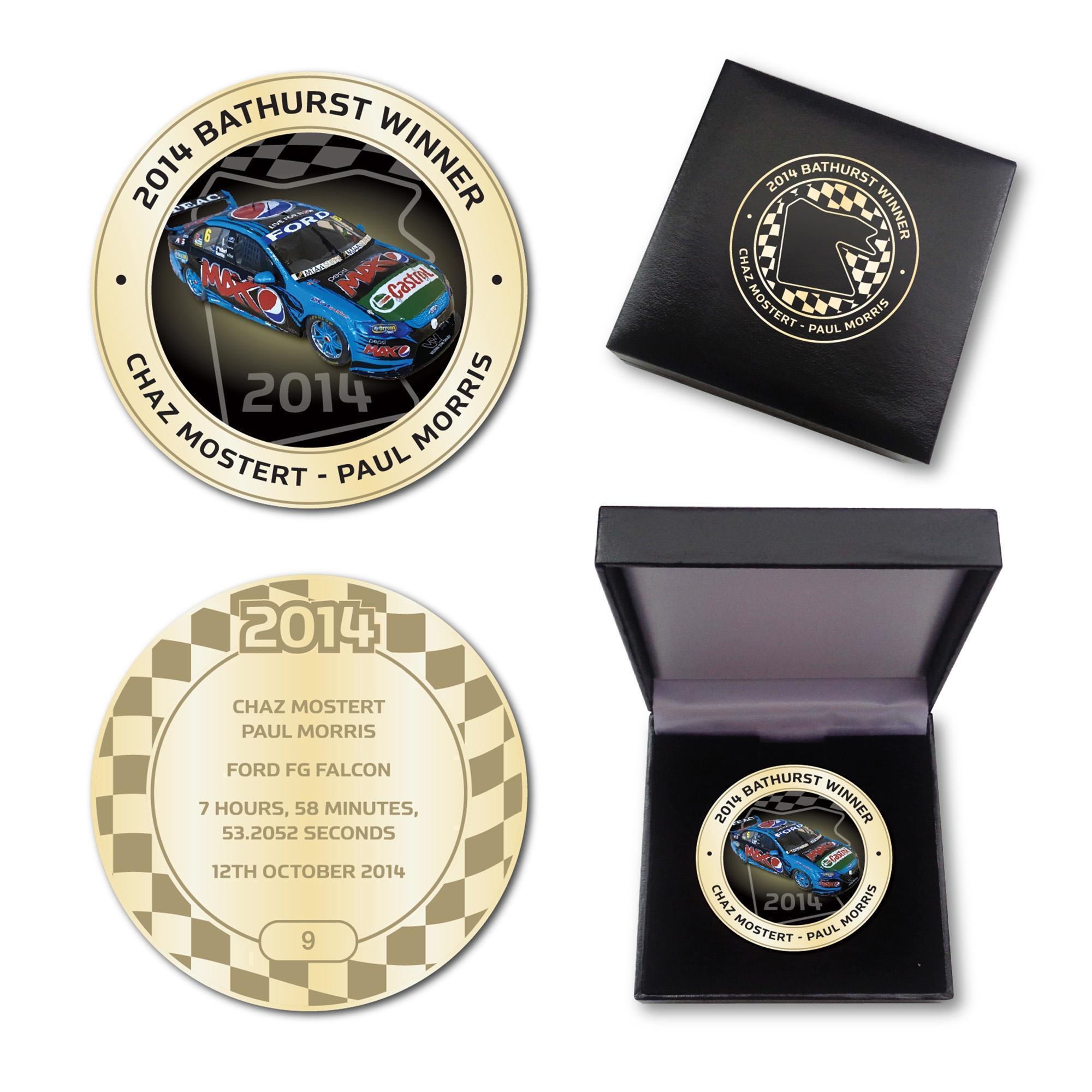 2014 Bathurst Winner Antique Gold Coloured Medallion In Box - Chaz Mostert Paul Morris Ford FG Falcon
