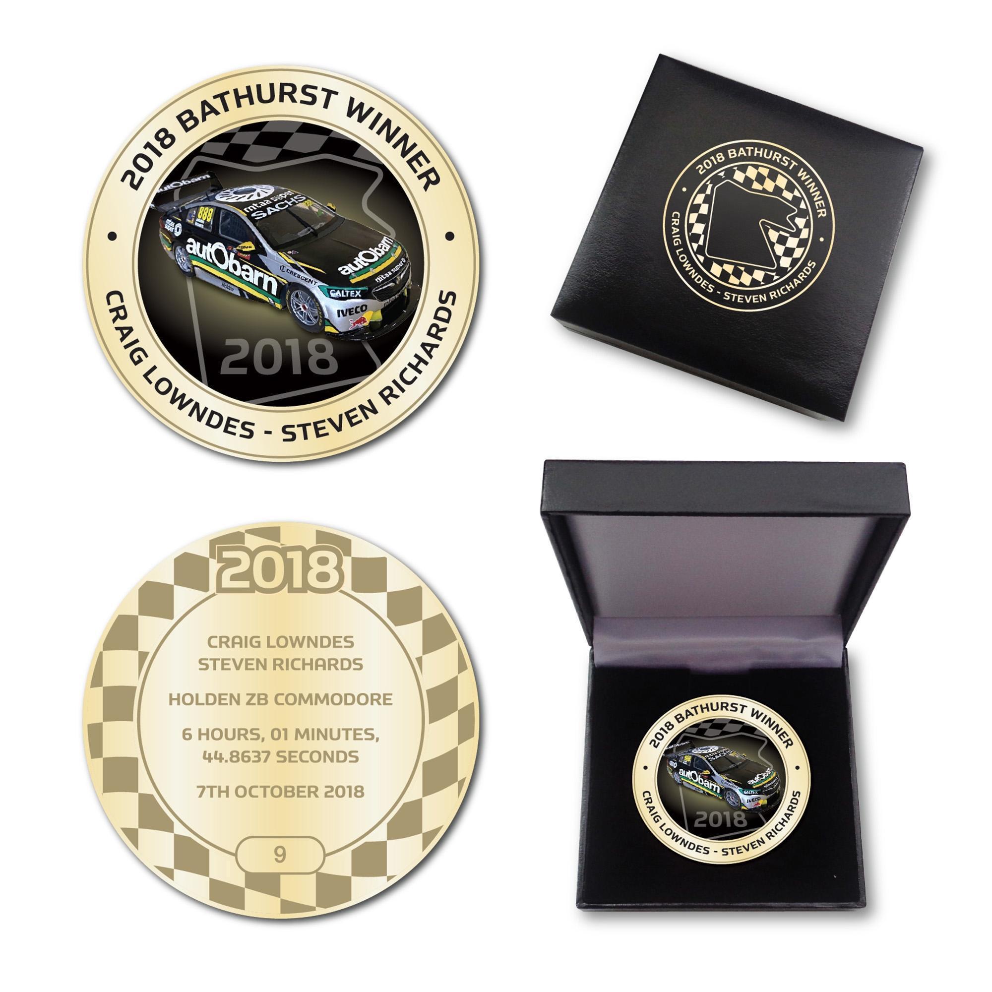 2018 Bathurst Winner Antique Gold Coloured Medallion In Box - Craig Lowndes Steven Richards Holden ZB Commodore