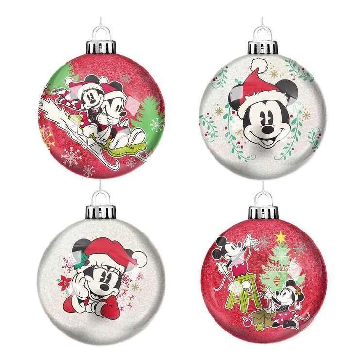 Disney Mickey and Minnie Mouse Set of 4 Christmas Tree Glitter Baubles