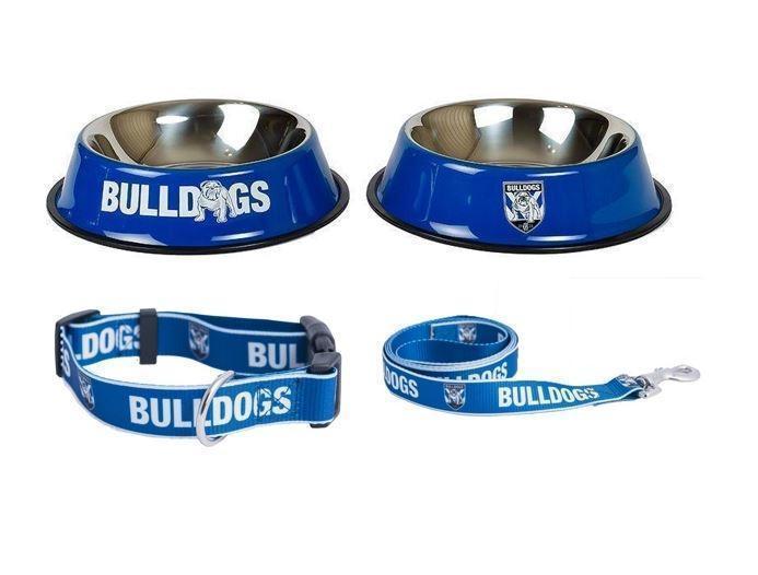 Set Of 3 Canterbury Bulldogs NRL Team Logo Pet Bowl Cat Or Dog - Medium 25cm Base + Pet Collar SMALL + Pet Lead Leash 150cm
