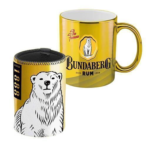 Bundaberg Rum Bundy Bear Metallic 330ml Coffee Mug Cup & 375ml Can Cooler Gift Set