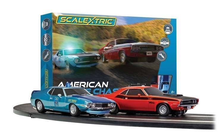 Scalextric American Police Chase AMC Javelin Police Car V Dodge Challenger 1:32 Scale Track, Cars and Controller Included Model Slot Car