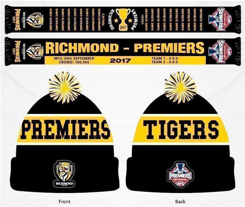 Set Of 2 Richmond Tigers 2017 AFL Premiers  Cloth Patch Beanie & Premiers Scarf