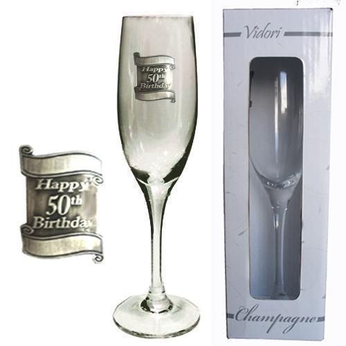 50th Birthday 175ml Champagne Glass Flute With Badge In Gift Box Fiftieth
