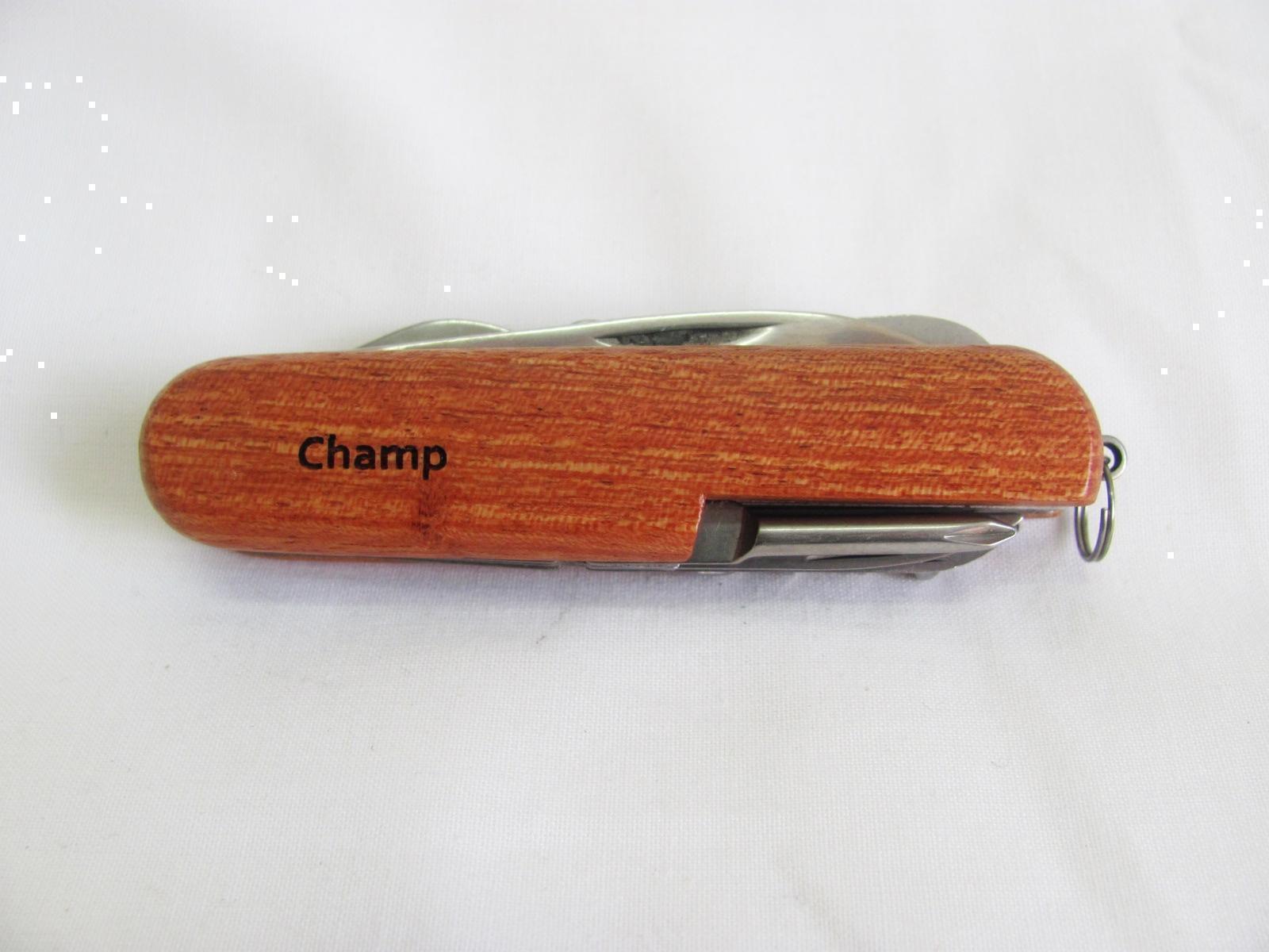 Champ Name Personalised Wooden Pocket Knife Multi Tool With 10 Tools / Accessories