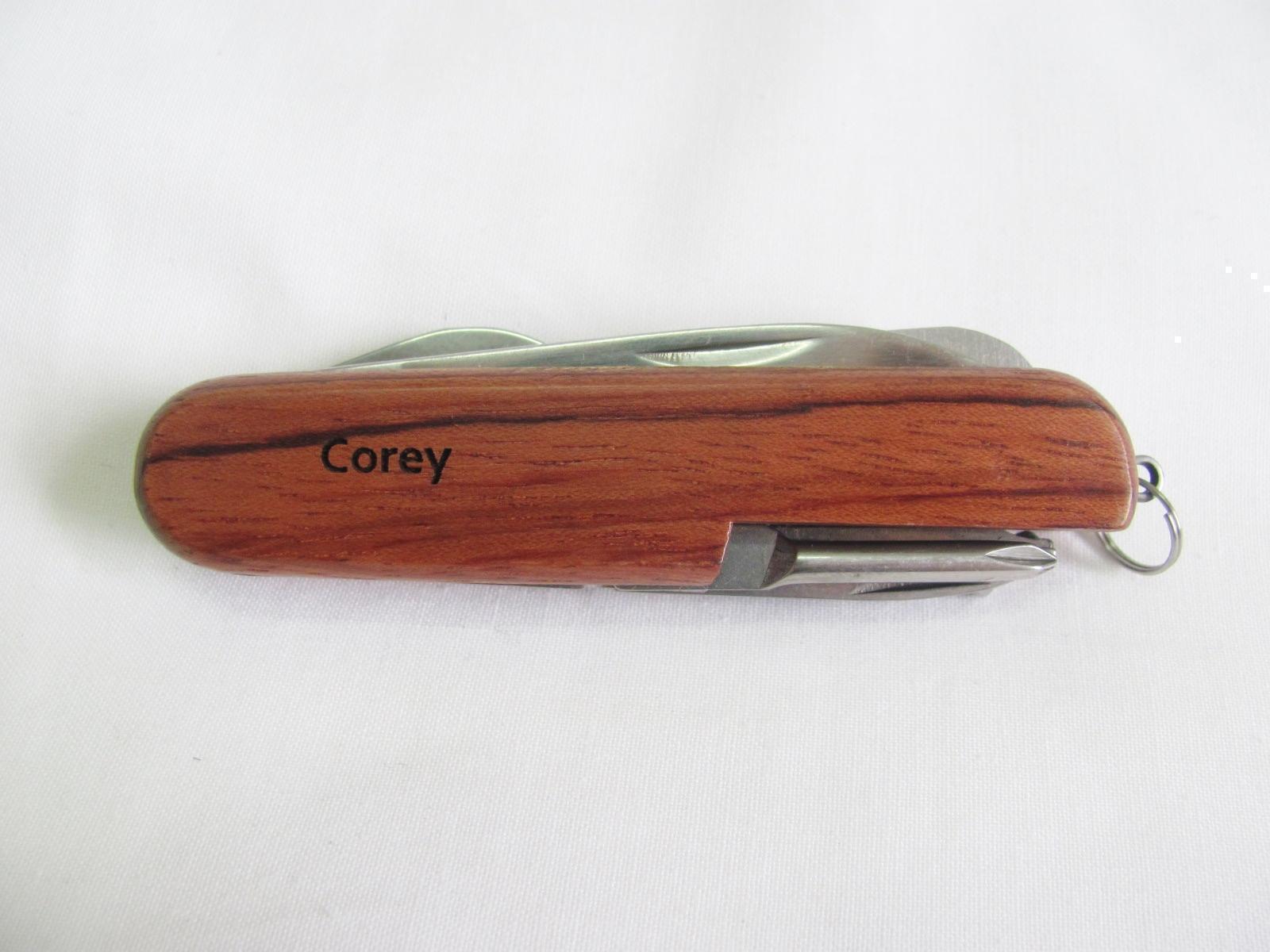 Corey Name Personalised Wooden Pocket Knife Multi Tool With 10 Tools / Accessories