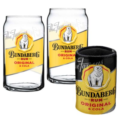 Bundaberg Bundy Rum Bear Set of 2 Can Shaped Glasses And Can Cooler Gift Pack