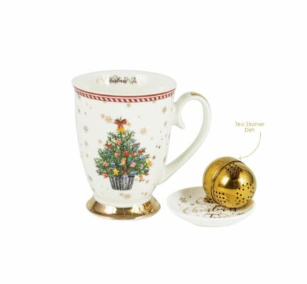 Oh Christmas Tree 3 Piece Gift Set 310mL Footed Mug With Tea Strainer And Dish